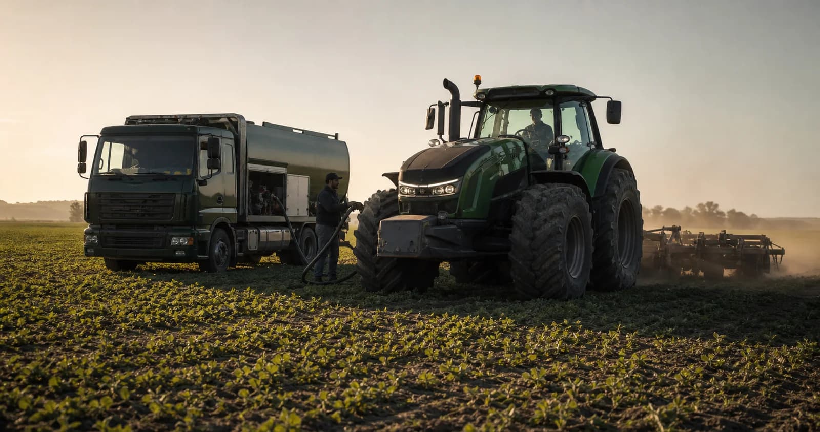 Tractor y unidad de abastecimiento trabajando en el campo